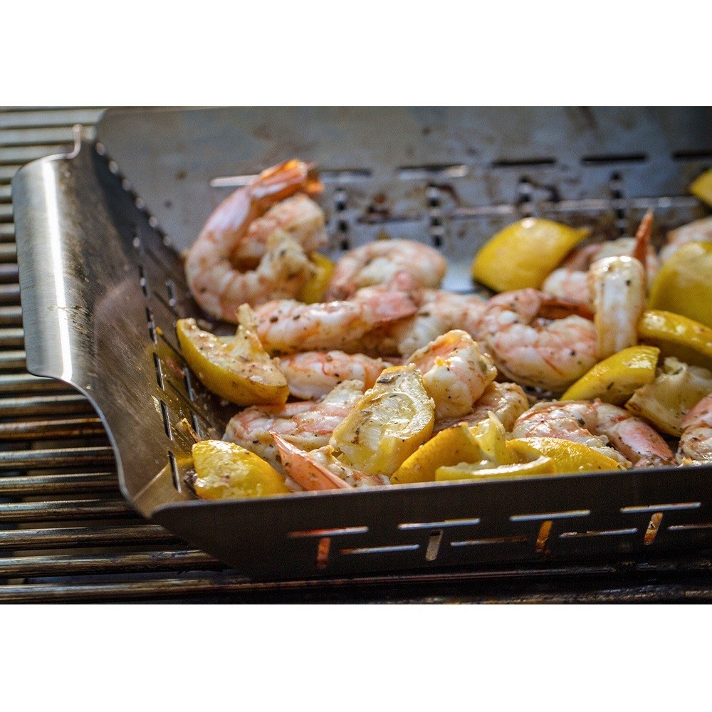 Vassoio di cottura deluxe in acciaio inox con manici, compatibile con la maggior parte dei barbecue Weber.