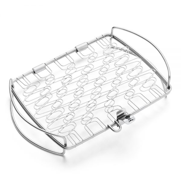 Graticola in acciaio inox ideale per grigliare pesce, verdure e altri piccoli alimenti sul barbecue.