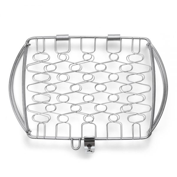 Graticola in acciaio inox ideale per grigliare pesce, verdure e altri piccoli alimenti sul barbecue.