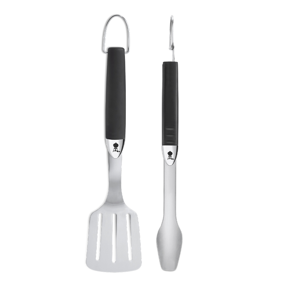 Set composto da due utensili premium in acciaio inox per barbecue dalle dimensioni compatte.