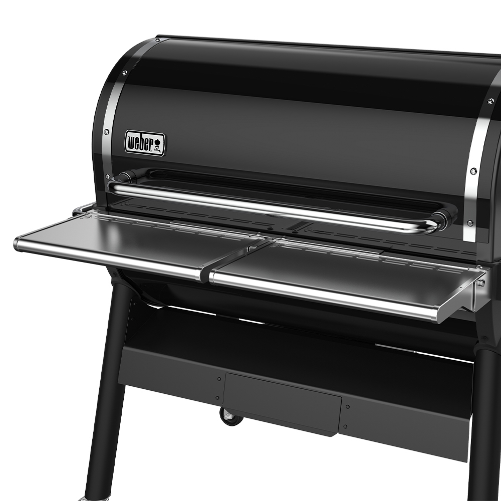 Ripiano frontale pieghevole in acciaio inox compatibile con i barbecue a pellet Weber Smokefire EX6.