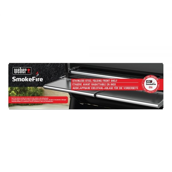 Ripiano frontale pieghevole in acciaio inox compatibile con i barbecue a pellet Weber Smokefire EX6.