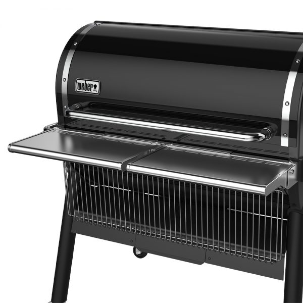 Ripiano frontale pieghevole in acciaio inox compatibile con i barbecue a pellet Weber Smokefire EX6.