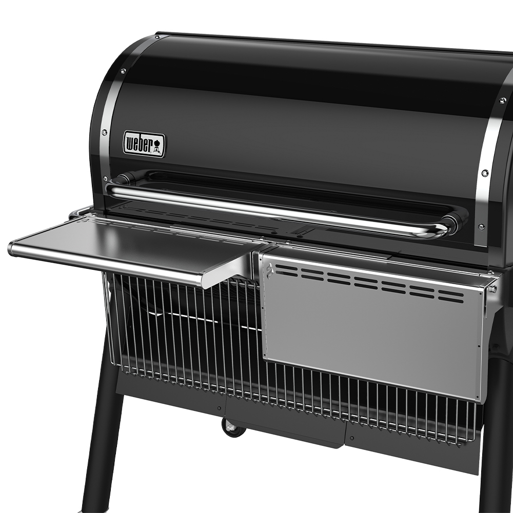 Ripiano frontale pieghevole in acciaio inox compatibile con i barbecue a pellet Weber Smokefire EX6.