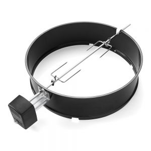 Girarrosto elettrico in acciaio inox con anello di supporto, compatibile con tutti i barbecue Weber a carbone da 57 cm.