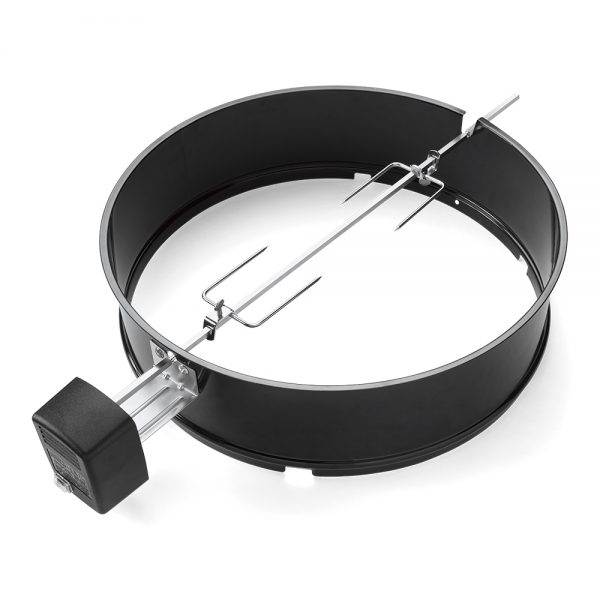 Girarrosto elettrico in acciaio inox con anello di supporto, compatibile con tutti i barbecue Weber a carbone da 57 cm.