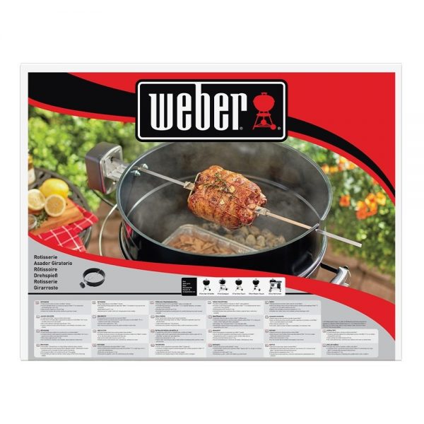 Girarrosto elettrico in acciaio inox con anello di supporto, compatibile con tutti i barbecue Weber a carbone da 57 cm.