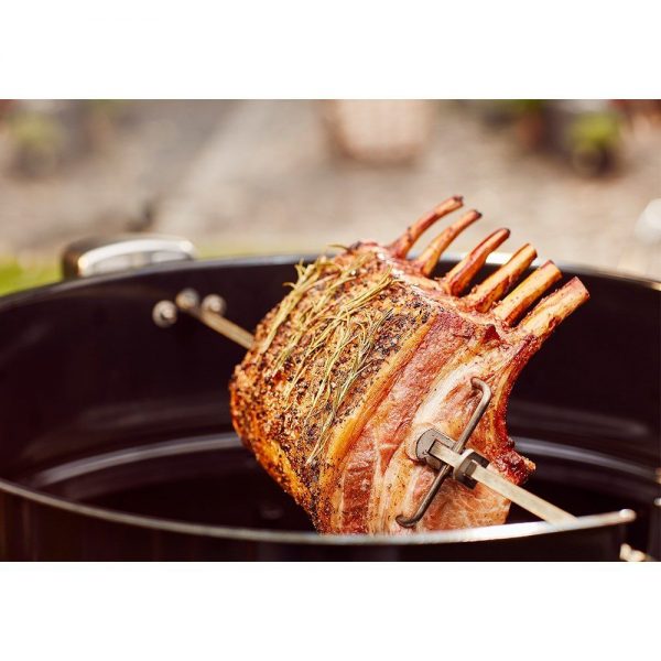 Girarrosto elettrico in acciaio inox con anello di supporto, compatibile con tutti i barbecue Weber a carbone da 57 cm.