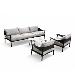 Salotto da Esterno con Divano 3 Posti Terramare in Alluminio e Ecopelle Emu - Nero