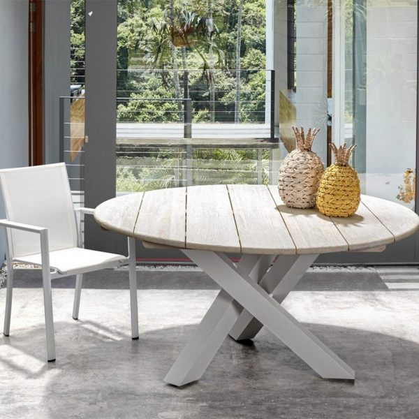 Tavolo Tondo Itaca in Alluminio e Teak, ∅ 150 cm Bizzotto - Bianco - immagine 3