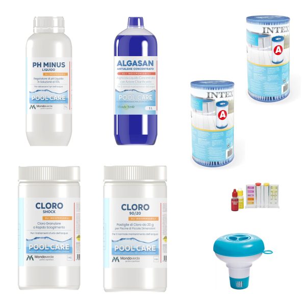 Kit Base per Piscina con Filtro a Cartuccia con Prodotti Chimici Professionali
